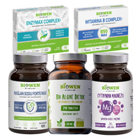 BIOWEN Maślan Sodu 580mg 100 kaps + BIO Algae Detox 240 kaps + Cytrynian Magnezu + B6 100 kaps + B-Complex 15 kaps + Enzymax Complex+ 15 kaps