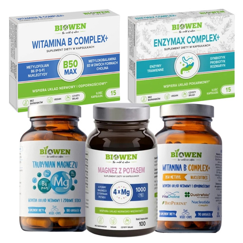 BIOWEN Taurynian Magnezu 100 kaps + Witamina B-Complex 90 kaps + Magnez 4X z Potasem 100 kaps + B-Complex 15 kaps + Enzymax Complex+ 15 kaps