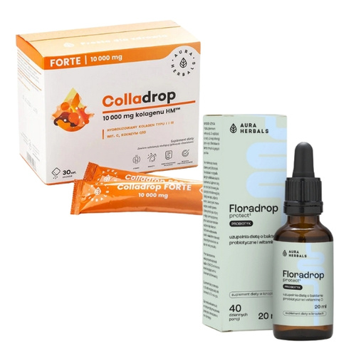 AURA HERBALS Colladrop Forte - Kolagen Morski 10 000 mg 30 sasz+ AURA HERBALS Floradrop Protect Probiotyk 20 ml