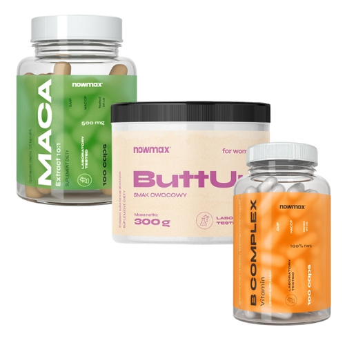 nowmax® Maca Ekstrakt 10:1 500mg 100 kaps+ nowmax® B Complex 100 kaps+nowmax® BUTT UP 300 g