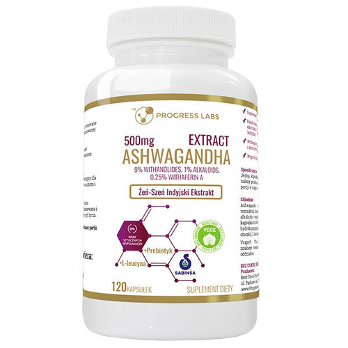 PROGRESS LABS Ashwagandha Ekstrakt 500mg Żeń Szeń Indyjski 120 kaps