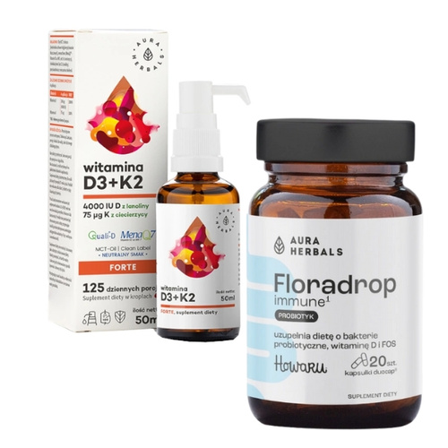 AURA HERBALS Witamina D3 4000 IU+K2MK7 MCT 50 ml + AURA HERBALS Floradrop Immune Probiotyk 20 kaps