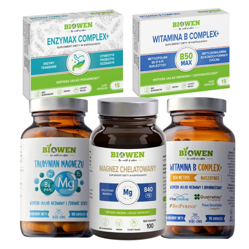 BIOWEN Magnez Chelatowany Diglicynian 100 kaps + Taurynian Magnezu 100 kaps + Witamina B-Complex 90 kaps + B-Complex 15 kaps + Enzymax Complex+ 15 kaps 