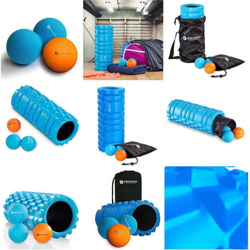 SPORTASTISCH Wałek do masażu "Let's Roll" Roller kolor niebieski + 2 piłeczki + czarna torba