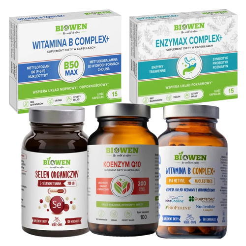 BIOWEN Selen Organiczny 100 kaps + Koenzym Q10 100mg 100 kaps + Witamina B-Complex 90 kaps + B-Complex 15 kaps + Enzymax Complex+ 15 kaps