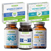 BIOWEN Taurynian Magnezu 100 kaps + Witamina B-Complex 90 kaps + Magnez 4X z Potasem 100 kaps + B-Complex 15 kaps + Enzymax Complex+ 15 kaps