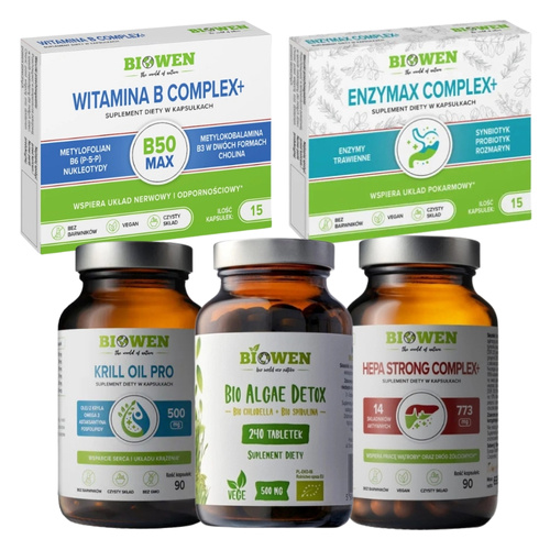 BIOWEN Krill Oil Pro Olej z Kryla 90 kaps + BIO Algae Detox 240 kaps + Hepa Strong Complex+ 90 kaps + B-Complex 15 kaps + Enzymax Complex+ 15 kaps