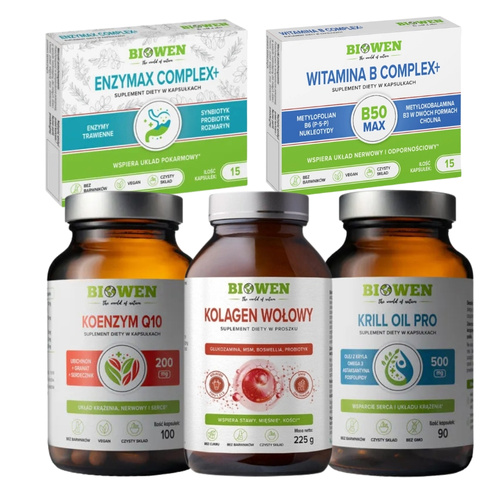 BIOWEN Koenzym Q10 100 mg + Kolagen Wołowy 225 g + Krill Oil Pro Olej z Kryla 90 kaps + B-Complex 15 kaps + Enzymax Complex+ 15 kaps