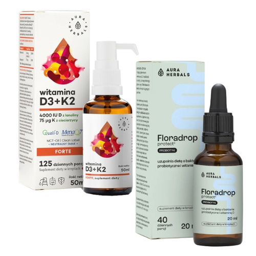 AURA HERBALS Floradrop Protect Probiotyk 20 ml + AURA HERBALS Witamina D3 4000 IU + K2MK7 MCT 50 ml