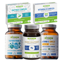BIOWEN Magnez Chelatowany Diglicynian 100 kaps + Taurynian Magnezu 100 kaps + Witamina B-Complex 90 kaps + B-Complex 15 kaps + Enzymax Complex+ 15 kaps