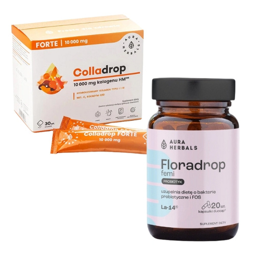 AURA HERBALS Floradrop Femi Probiotyk 20 kaps+ AURA HERBALS Colladrop Forte - Kolagen Morski 10 000 mg 30 sasz