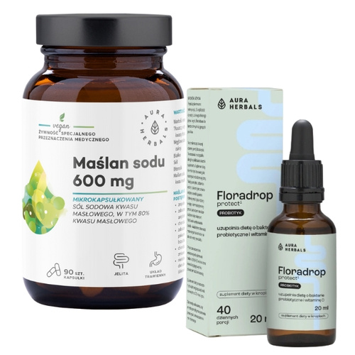 AURA HERBALS Maślan Sodu Mikrokapsułkowany 600mg 90 kaps+ AURA HERBALS Floradrop Protect Probiotyk 20 ml