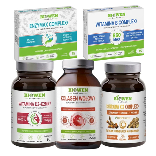 BIOWEN Kolagen Wołowy 225 g + Witaminy D3+K2 MK7 90 kaps  + Kurkuma C3 Complex+ 60 kaps + B-Complex 15 kaps + Enzymax Complex+ 15 kaps 