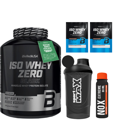 BIOTECH Iso Whey Zero Black 2270 g + SPORT-MAX Shaker 600ml + ECOMAX NOX Extreme 80 ml + 2x BIOTECH Iso Whey Zero 25 g