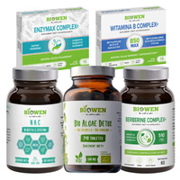 BIOWEN BIO Algae Detox 240 kaps + NAC 600mg 100 kaps + Berberine Complex+ 510mg 60 kaps + B-Complex 15 kaps + Enzymax Complex+ 15 kaps