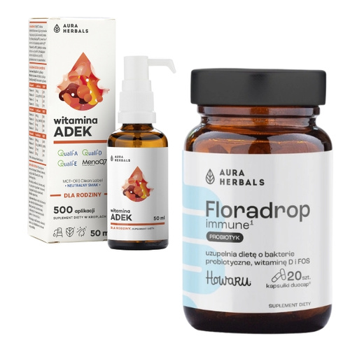 AURA HERBALS Witamina ADEK A + D3 + E + K2 MK7 Krople 50 ml+ AURA HERBALS Floradrop Immune Probiotyk 20 kaps