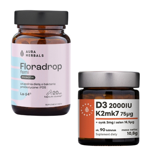 AURA HERBALS Witamina D3 2000IU + K2MK7 + Cynk + Selen 90 tabs + AURA HERBALS Floradrop Femi Probiotyk 20 kaps