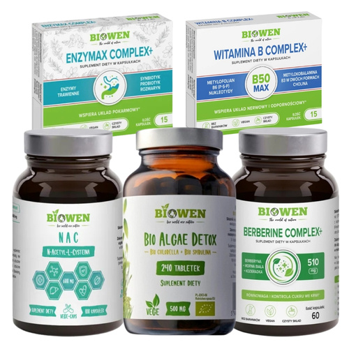BIOWEN BIO Algae Detox 240 kaps + NAC 600mg 100 kaps + Berberine Complex+ 510mg 60 kaps + B-Complex 15 kaps + Enzymax Complex+ 15 kaps 