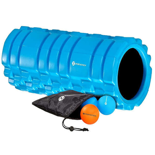 SPORTASTISCH Wałek do masażu "Let's Roll" Roller kolor niebieski + 2 piłeczki + czarna torba
