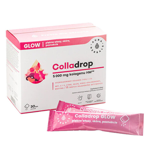 AURA HERBALS Colladrop Glow - Kolagen Morski 5000 mg 30 sasz+ AURA HERBALS Floradrop Femi Probiotyk 20 kaps